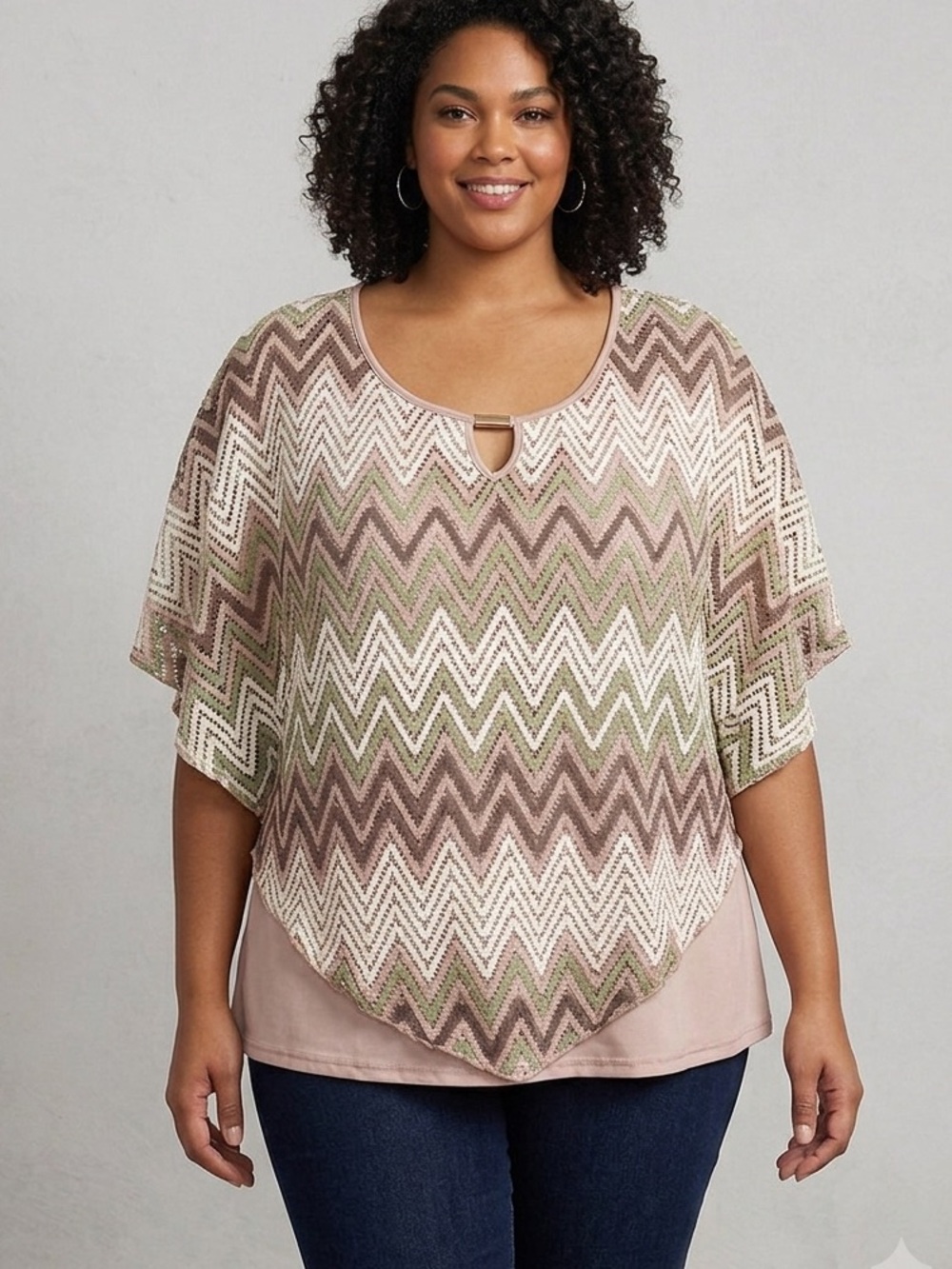 Plus Size Chevron Lace Overlay Blouse in Mauve/Pink